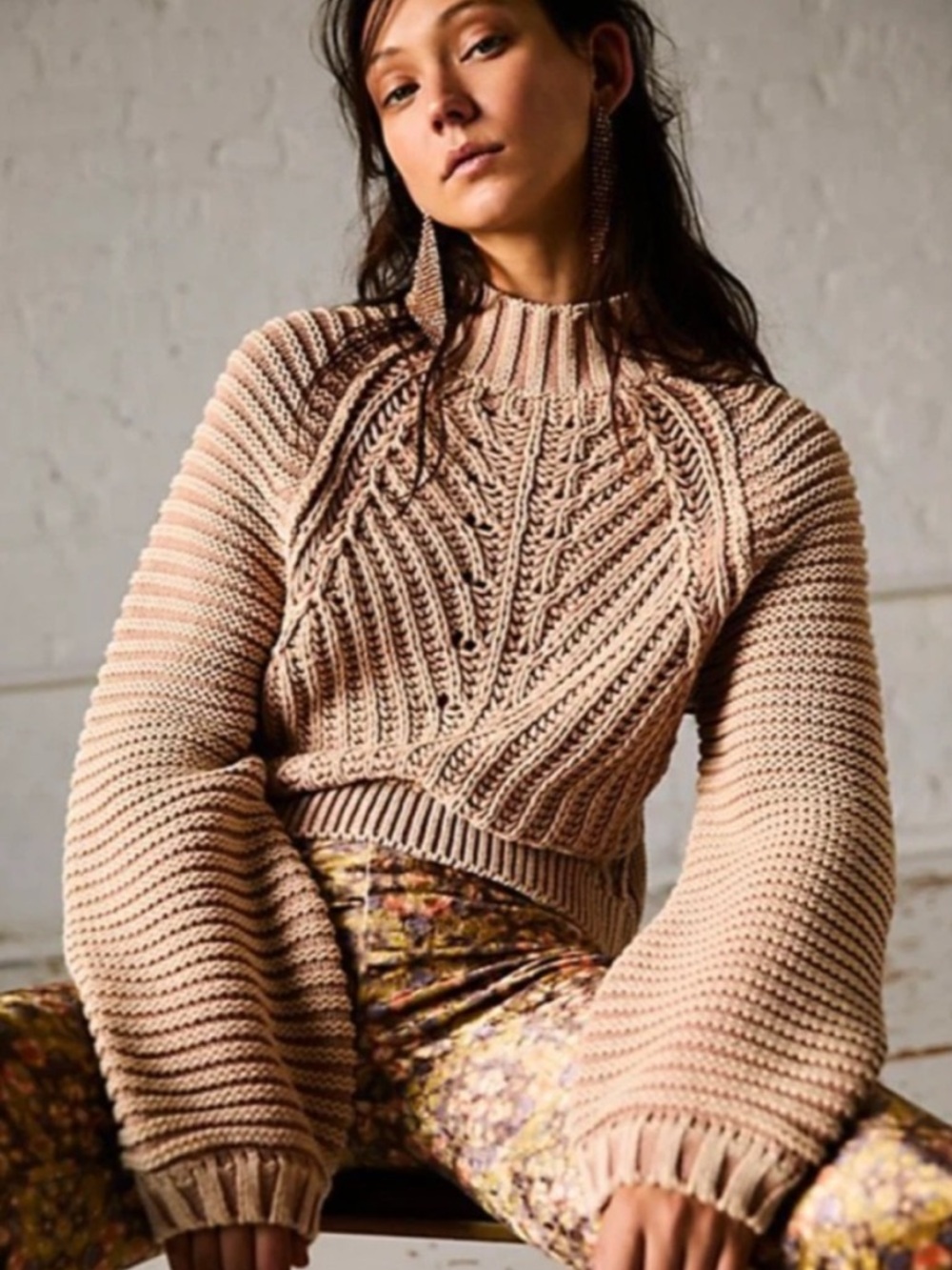 Free People Sweetheart Movkneck Sweater in Sandcastle Tan cotton S like new